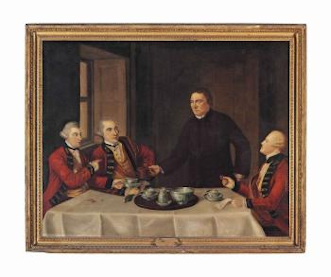 Group portrait traditionally identified as King George III with the Dukes of York and Cumberland taking tea at Cheltenham by English School