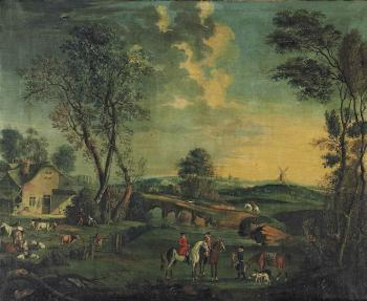 An extensive landscape with a coursing party in the foreground, other figures and animals before a farmstead, a bridge and a windmill beyond by English School
