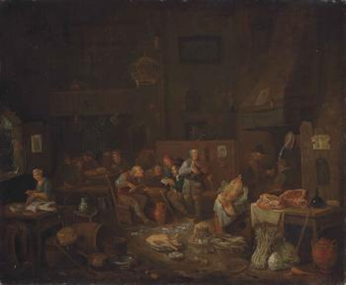 Peasants smoking and making merry in a kitchen interior by Egbert van Heemskerk III