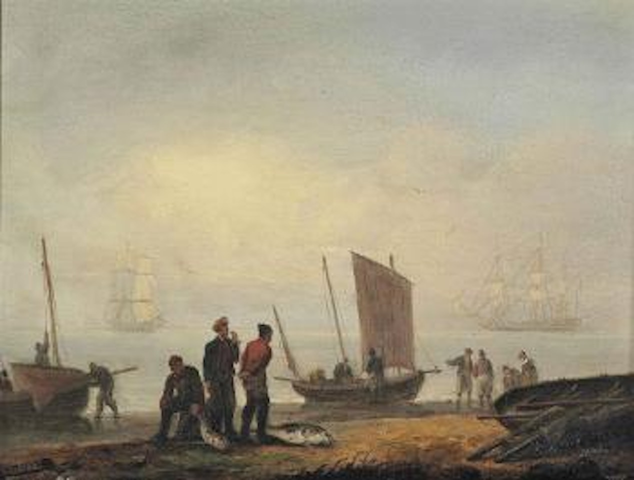 Fishermen unloading their catch on a shore, men-of-war beyond by Thomas Luny