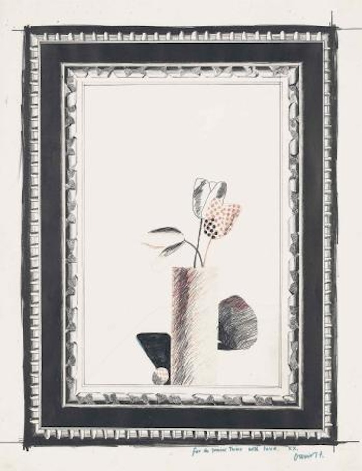 Picture of a still-life with an elaborate frame by David Hockney