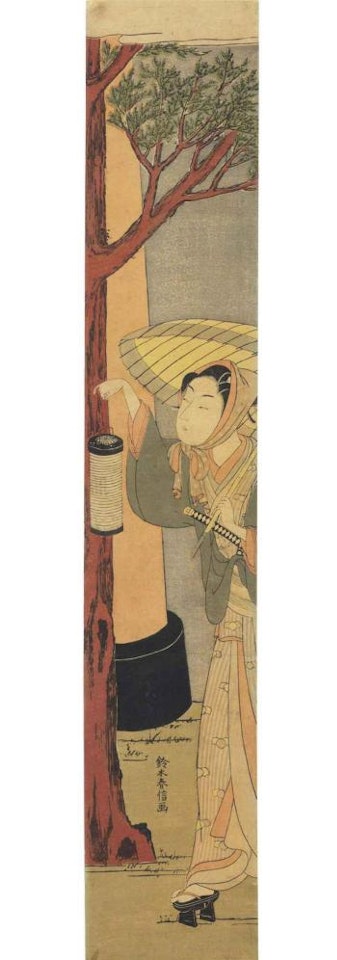 Dandy (wakashu) with lantern passing a shrine gate by Suzuki Harunobu