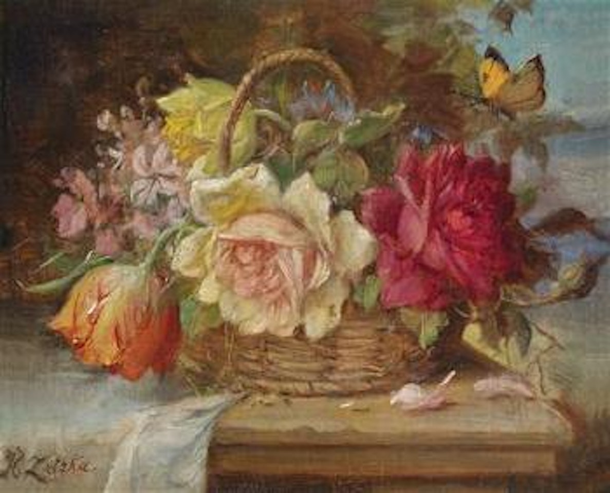 A Basket of Flowers and a Butterfly by Hans Zatzka