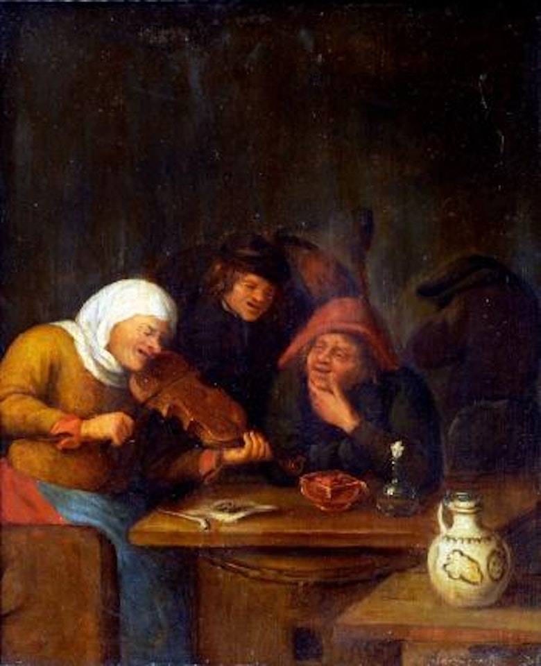 Figures in a tavern, one playing the violin by Egbert van Heemskerk III