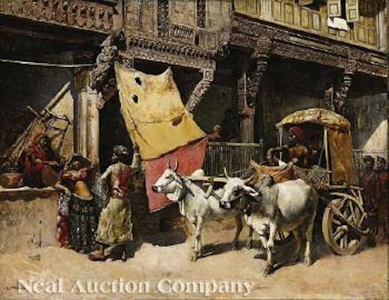 Bullock Cart Before Stores And Houses, Ahmedabad, India by Edwin Lord Weeks
