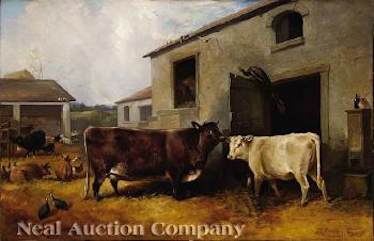 Barnyard With Cattle, Pigs, Chickens, Guineas, And Peafowl by John Frederick Herring