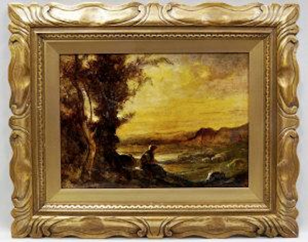 Shepherdess overlooking her flock in a sunset landscape by Antonio Fontanesi