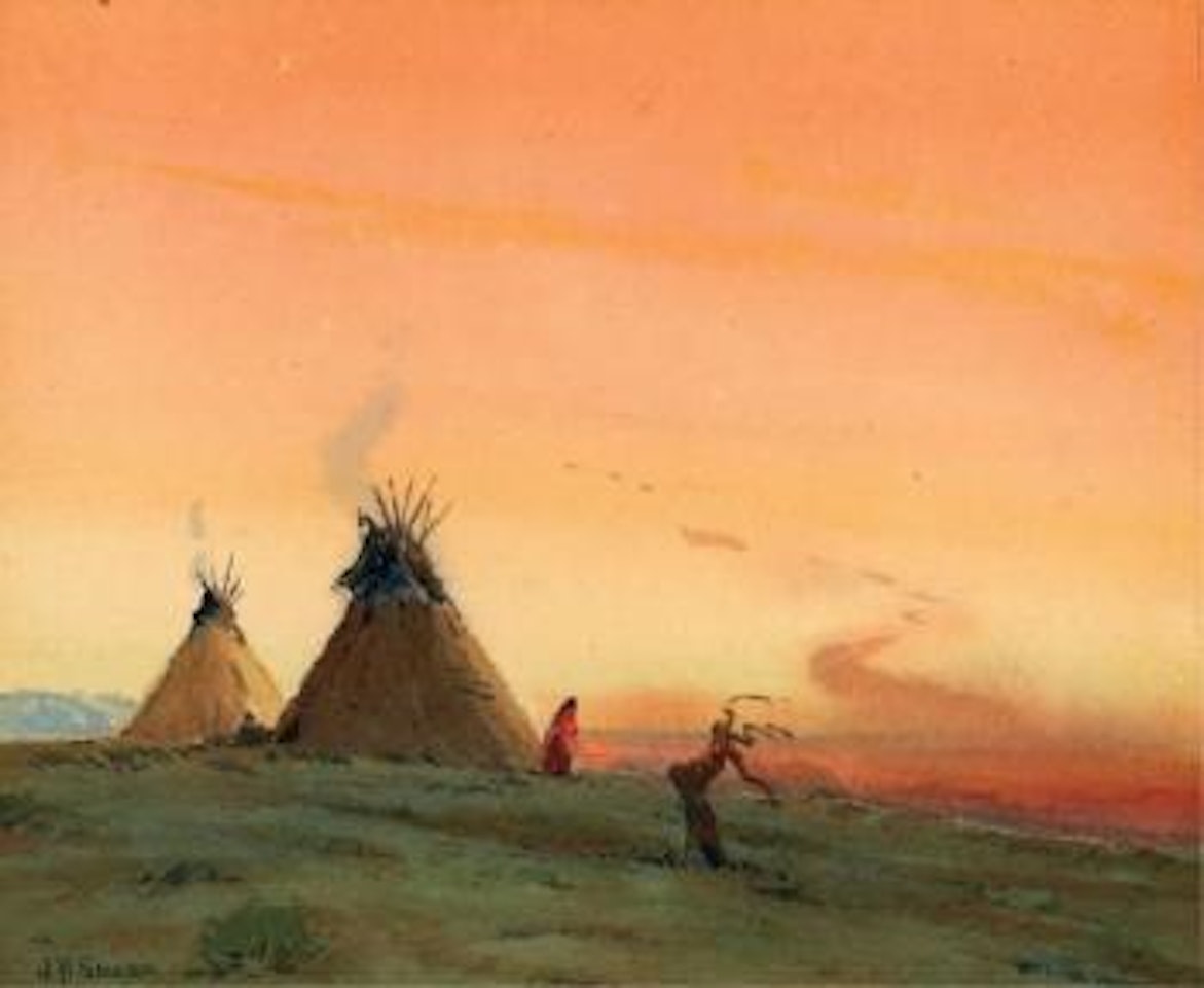 Native American encampment at sunset by Joseph Henry Sharp