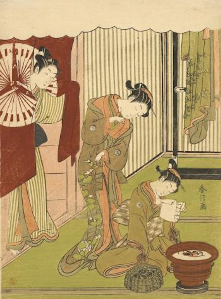 A mitate of the letter-reading scene of Chushingura, with a wakashu and two courtesans in an interior by Suzuki Harunobu