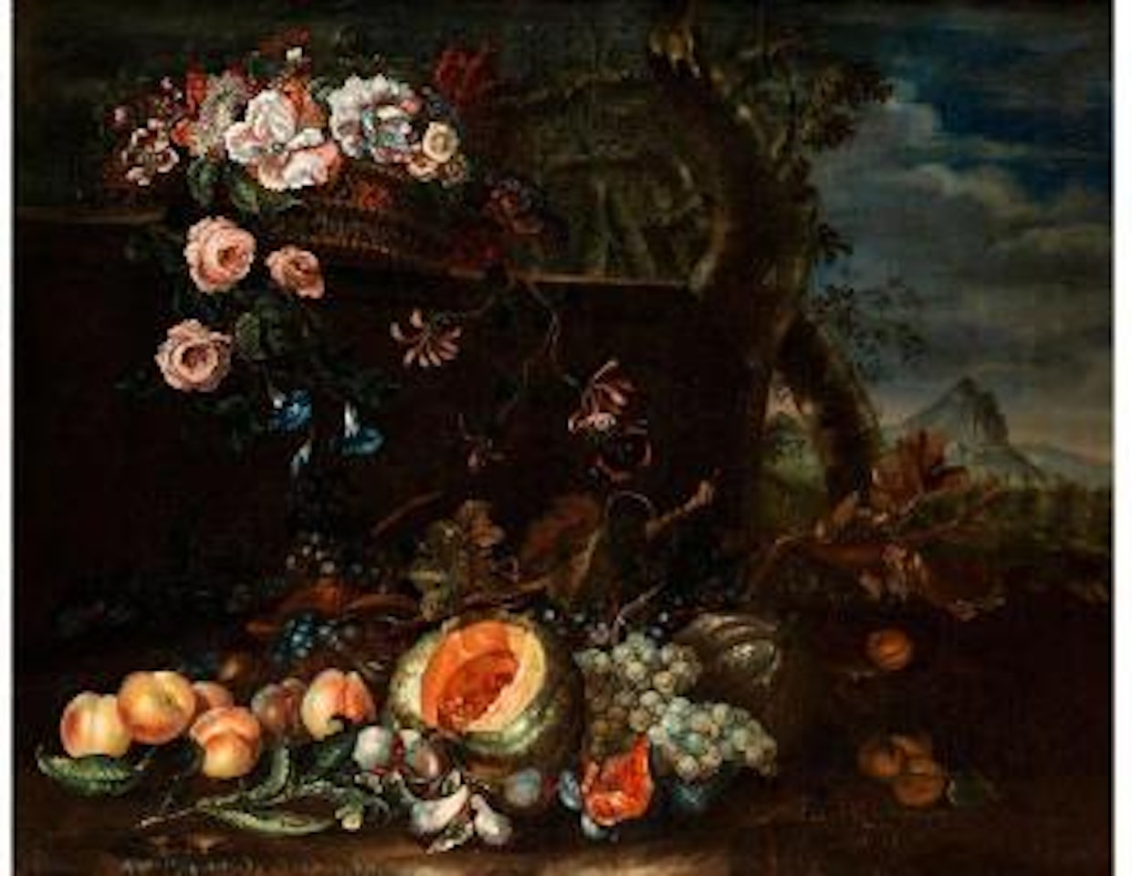 Früchtestilleben Mit Blumenkorb by Italian School
