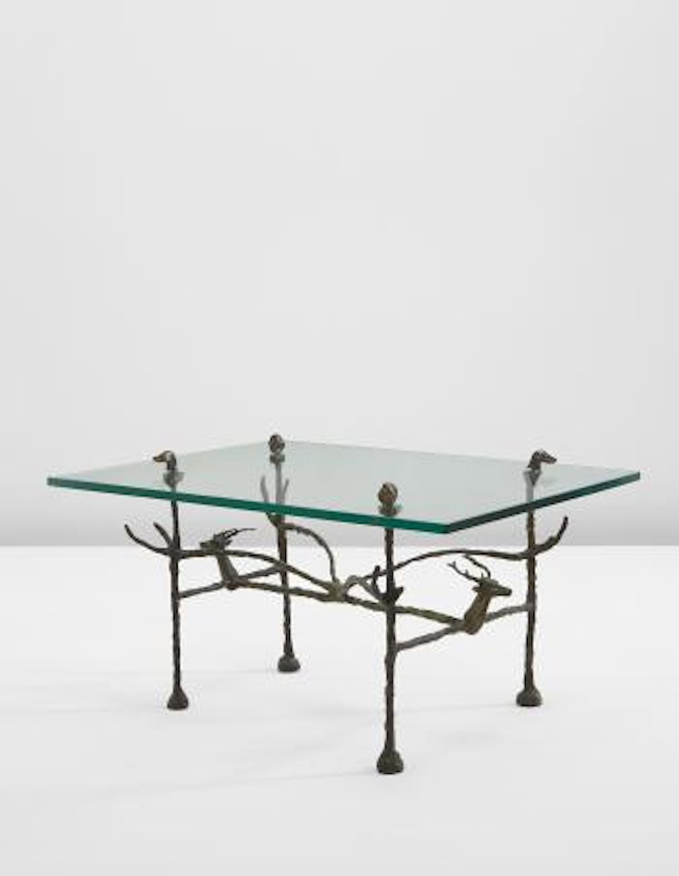Trapézoïdale low table, model cerfs et aux chiens by Diego Giacometti