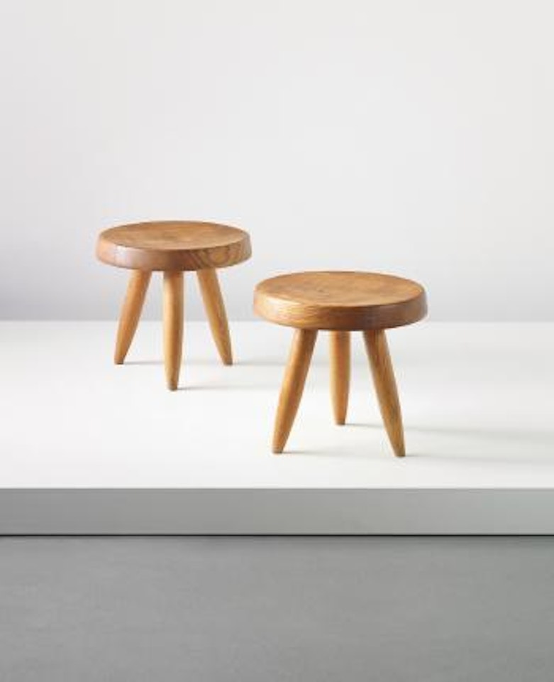 Pair of three-legged stools, from the l'Equipement de la Maison series by Charlotte Perriand by Pierre Jeanneret