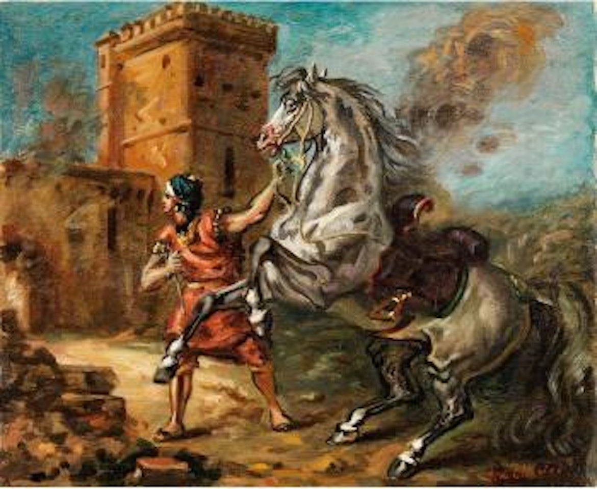 Steigender Araberhengst Mit Pferdeführer Vor Einem Zinnenturm by Giorgio de Chirico
