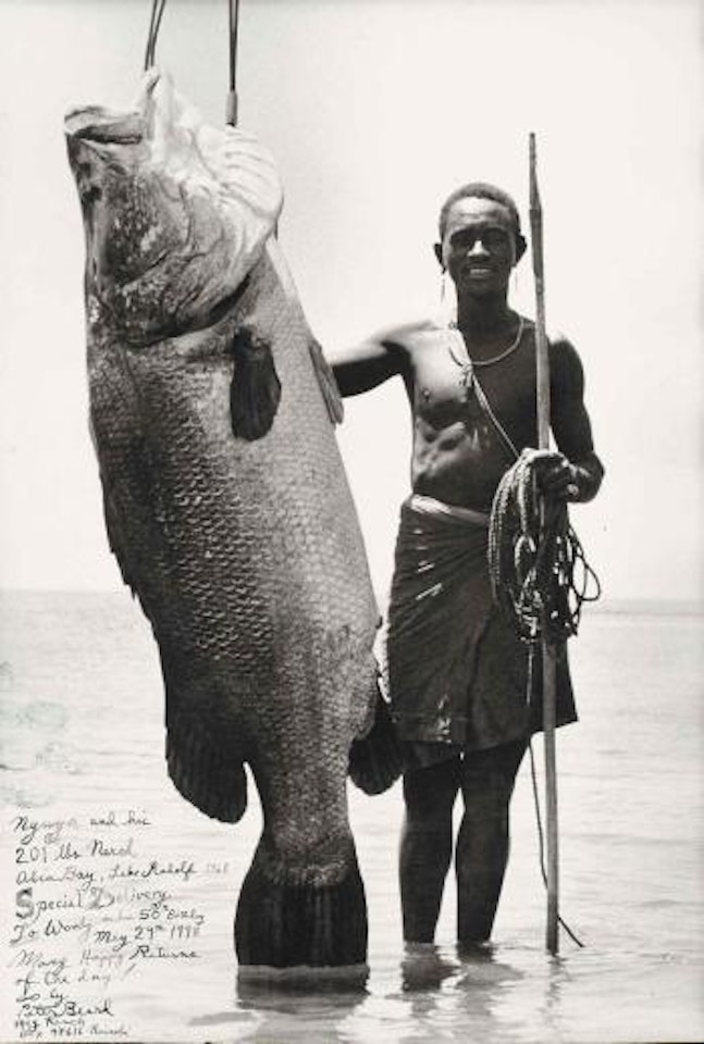 Nguya and his 201lbs Nile Perch Speared in Alia Bay by Peter Beard