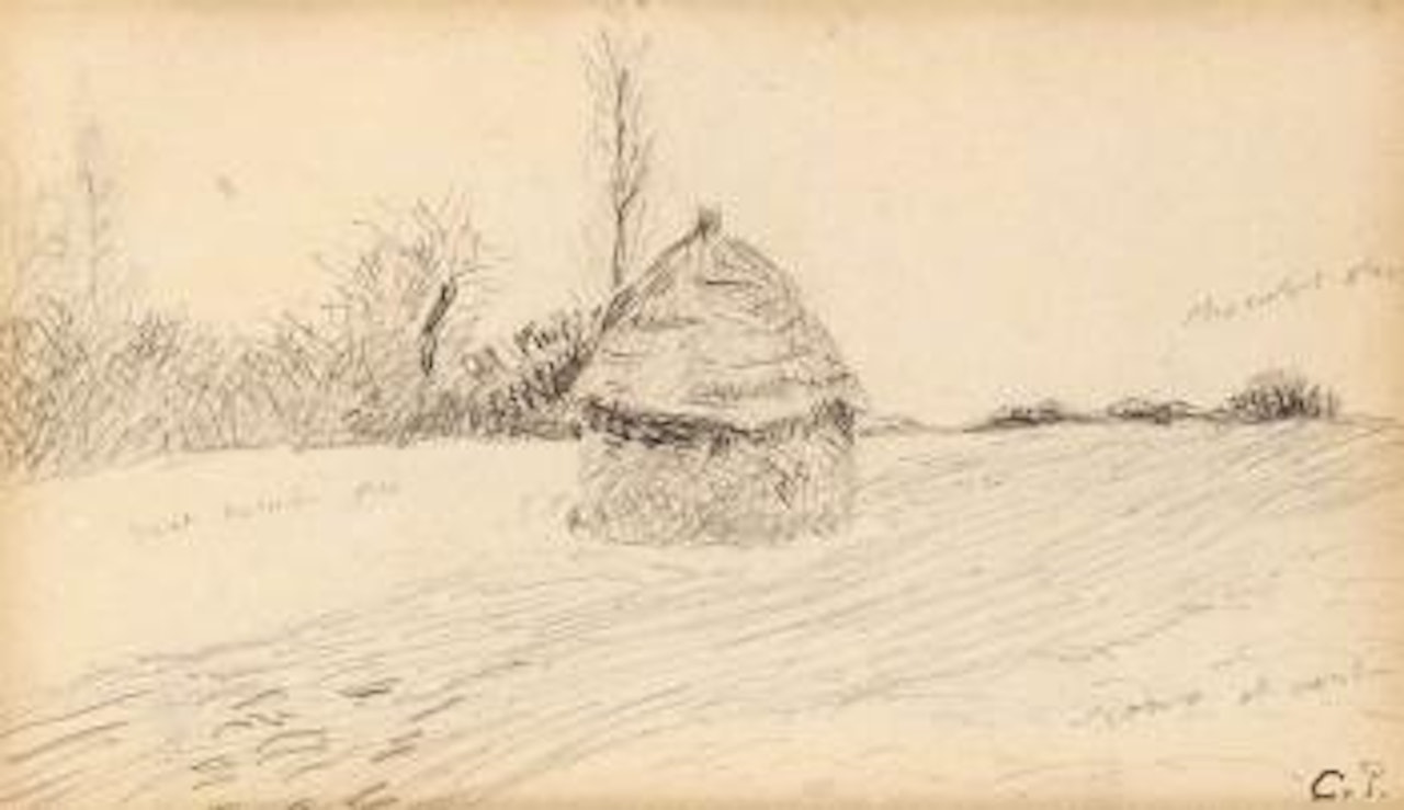 Haystack in a field (recto); and A Figure Study (verso) by Camille Pissarro