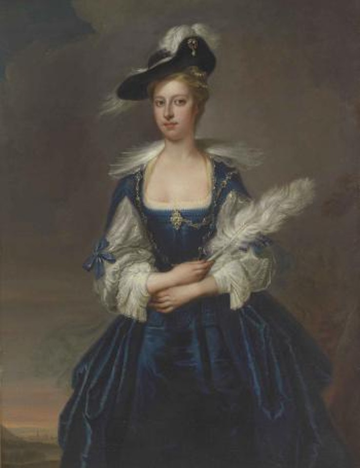 Portrait of Elizabeth Dunch, later Lady Oxenden, three-quarter-length, wearing a blue  dress and black hat and holding a white feather plume, standing in a landscape by Thomas Hudson