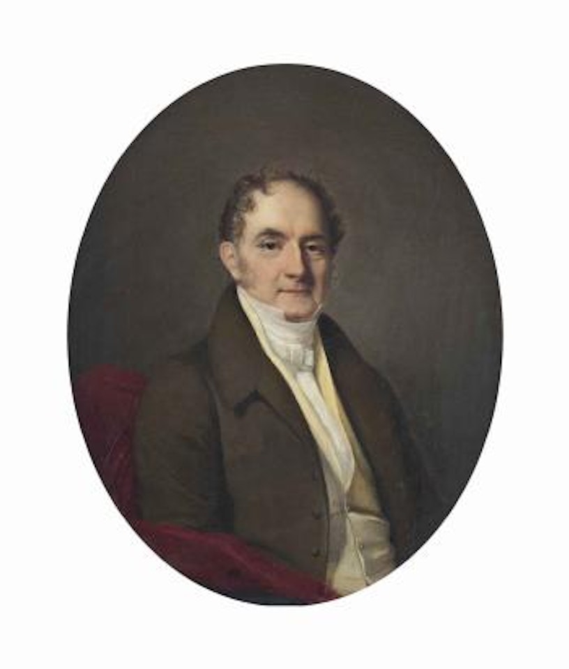 Portait of Mr. M. Favre, half-length, in a green coat and cravat, in a painted oval by Firmin Massot
