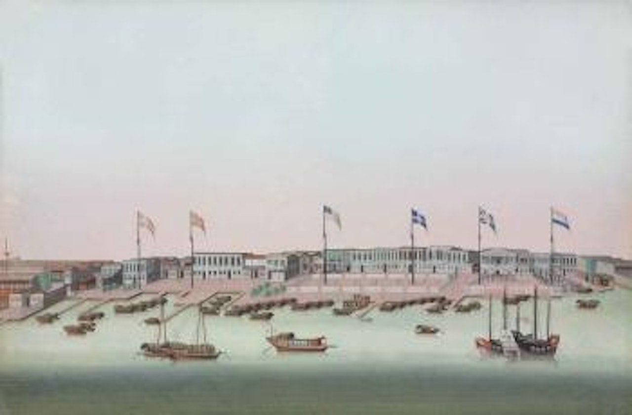 The waterfront at Canton showing the Danish, Spanish, American, Swedish, British and Dutch Hongs by Chinese School