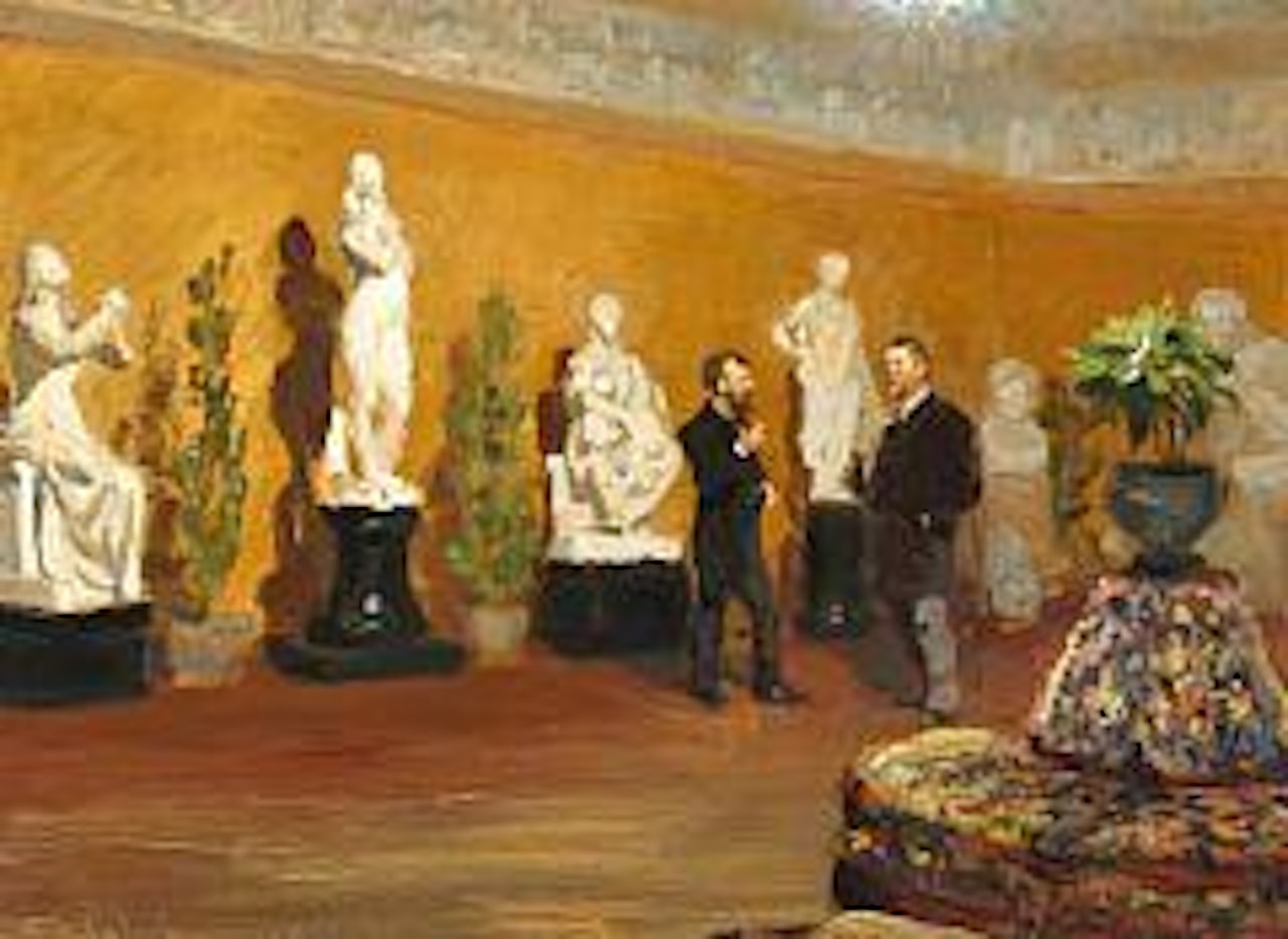 Aftenselskab. To staaende Figurer. Carl Jacobsen og A. P. Weis. Interior with two standing figures. Carl Jacobsen and A. P. Weis. Study for Aftenselskab (Dinner party) i Ny Carlsberg Glyptoteks Festsal (Assembly hall) by Peder Severin Kröyer