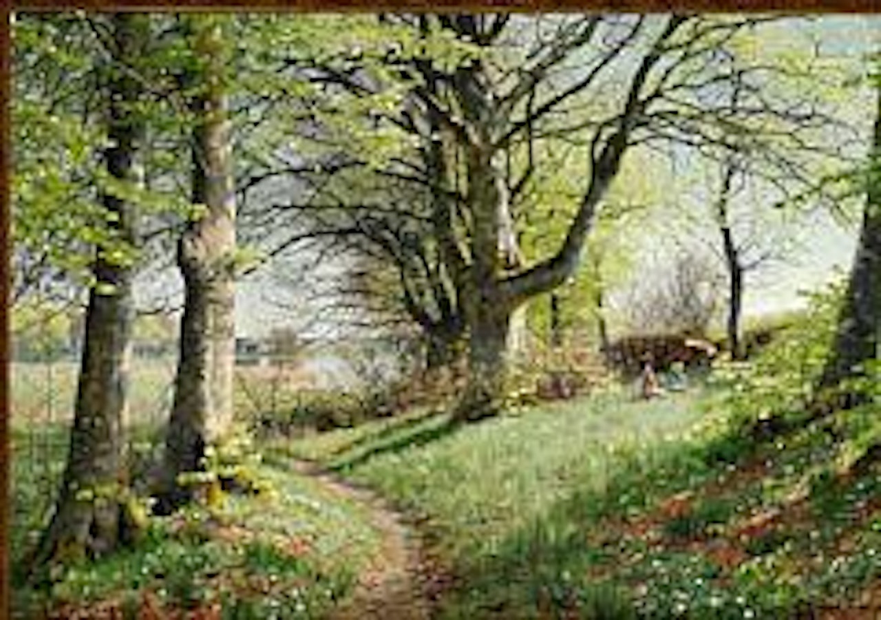 A spring day with newly sprouted beech trees, anemones in the forest floor and two girls picking flowers by Peder Mork Monsted