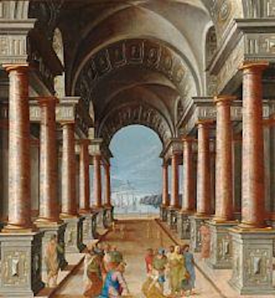 People in a colonnade with a view of the sea and the mountains.. by Italian School