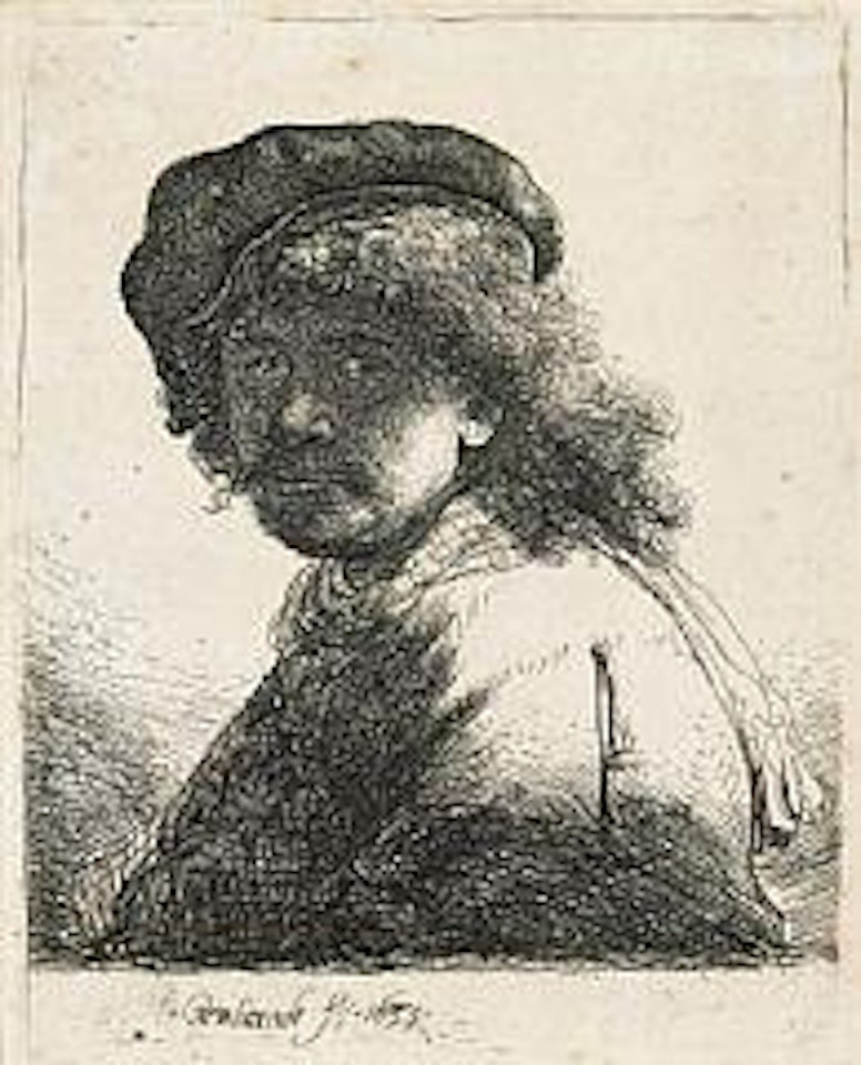 Self-portrait in a cap and scarf with the dark face; bust by Attributed to Rembrandt Harmensz van Rijn