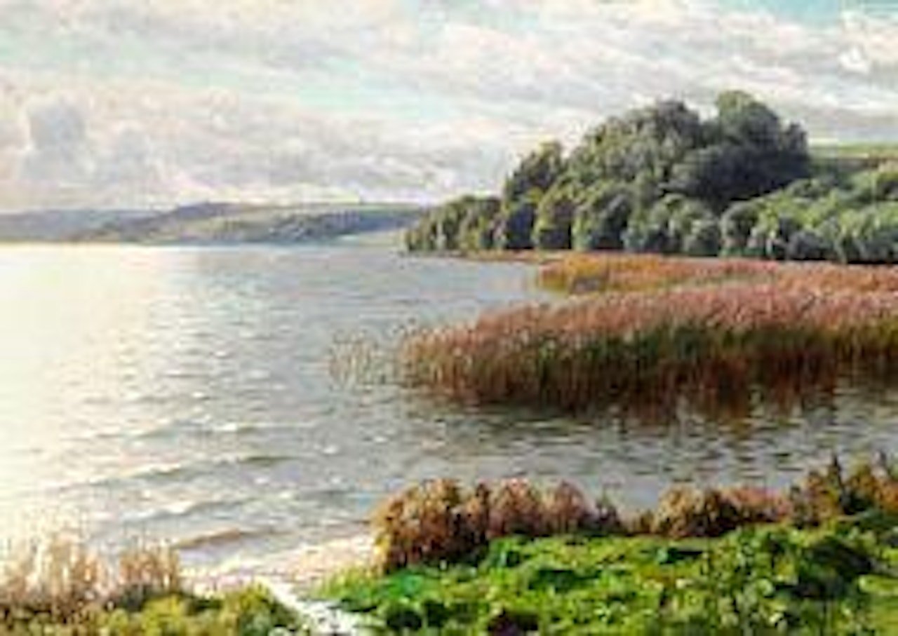 View of a lake with reflections of the sun in the water by Peder Mork Monsted