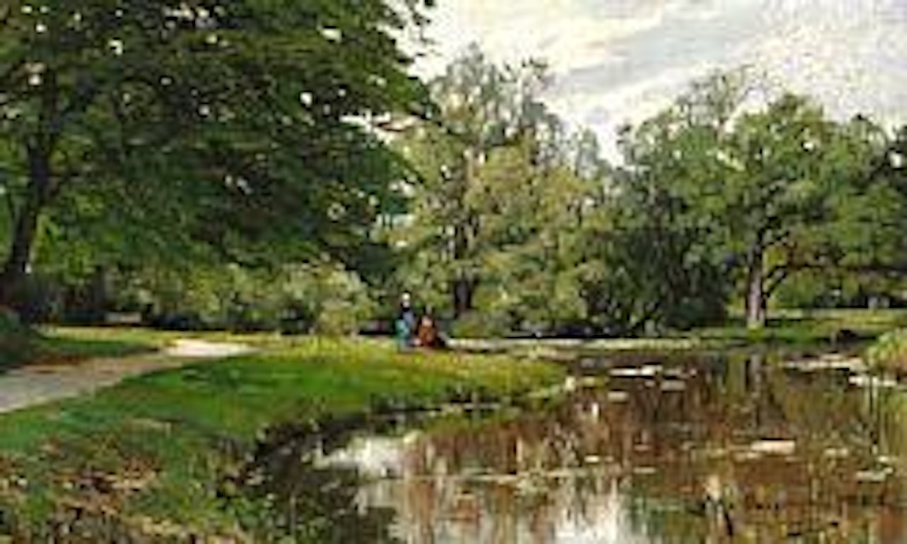 Scene from Sorgenfri Park with two women at the shore of Mølleåen by Peder Mork Monsted