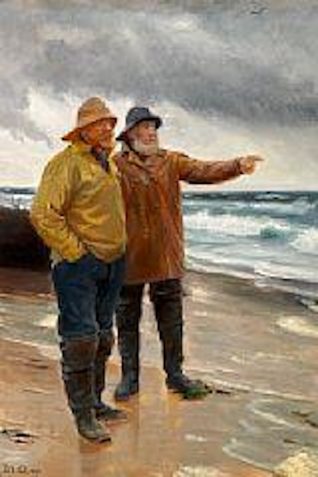 Two fishermen on the beach, one is pointing towards the sea by Michael Ancher