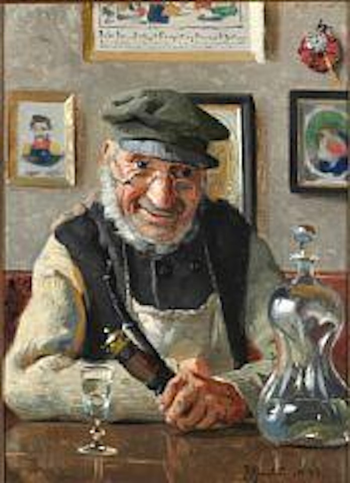 Interior with an old man enjoying his pipe and an akvavit by Peder Mork Monsted