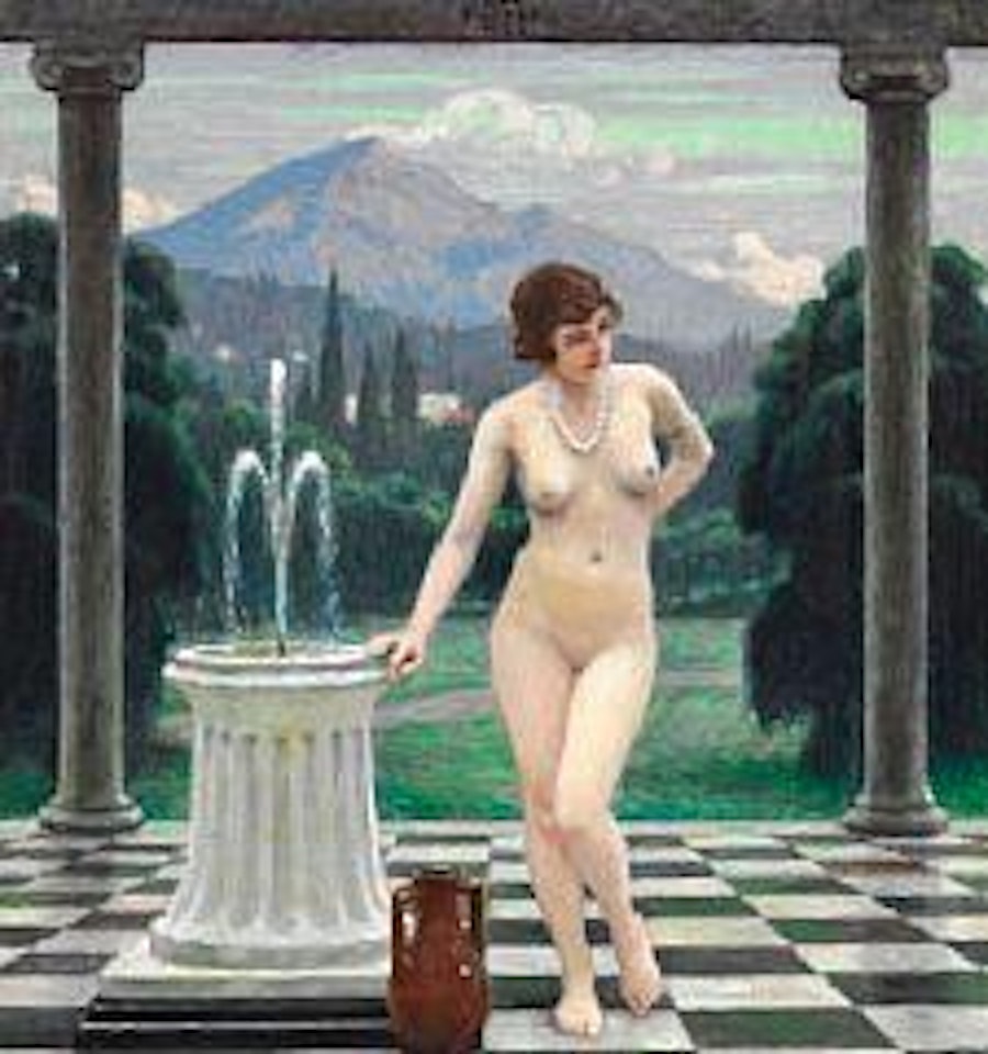 Girl at a fountain. In the background an Italian landscape by Paul Fischer