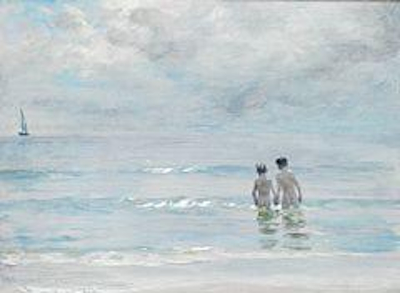 Marinestudie. Diset graa Sommereftermiddag. To Drenge sete fra Ryggen ude i vandet. Misty grey summer afternoon. Two boys seen from behind in the water by Peder Severin Kröyer
