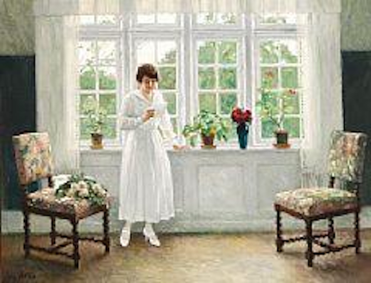 The painter's wife Musse reading a letter near the window in their home, Sofievej by Paul Fischer