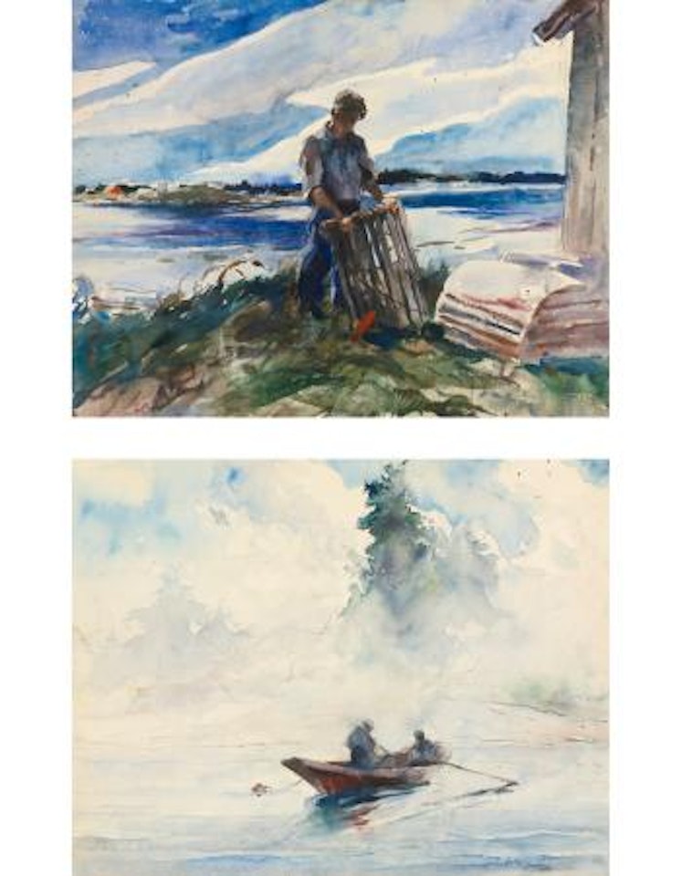 Lobsterman (Walt Anderson) And Two Figures In A Dory: A Double-sided Watercolor by Andrew Wyeth