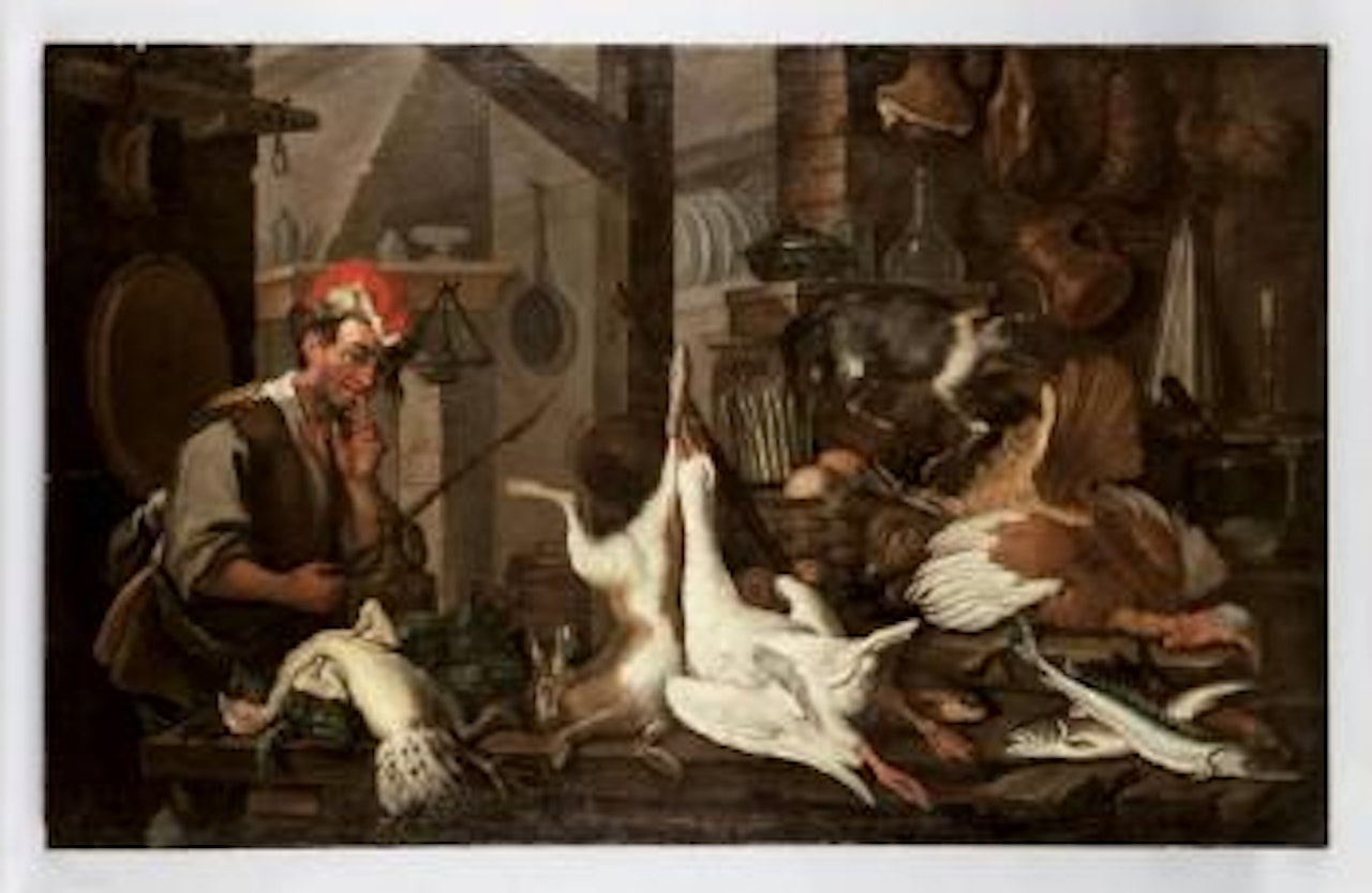Interno di cucina con natura morta, cuoco e gatto by Flemish School
