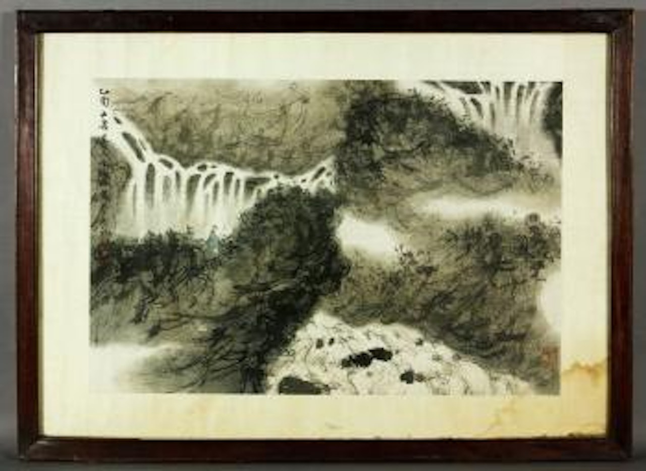 Scholar viewing a waterfall by Fu Baoshi