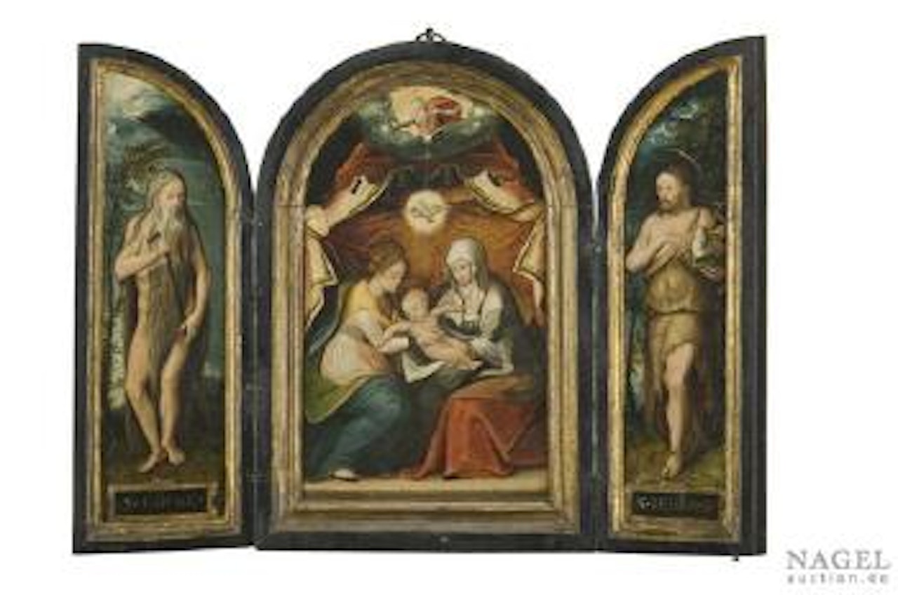 Triptychon. Auf der Mitteltafel Maria und Anna mit dem Christusknaben unter der Taube des Heiligen Geistes.. by Netherlandish School