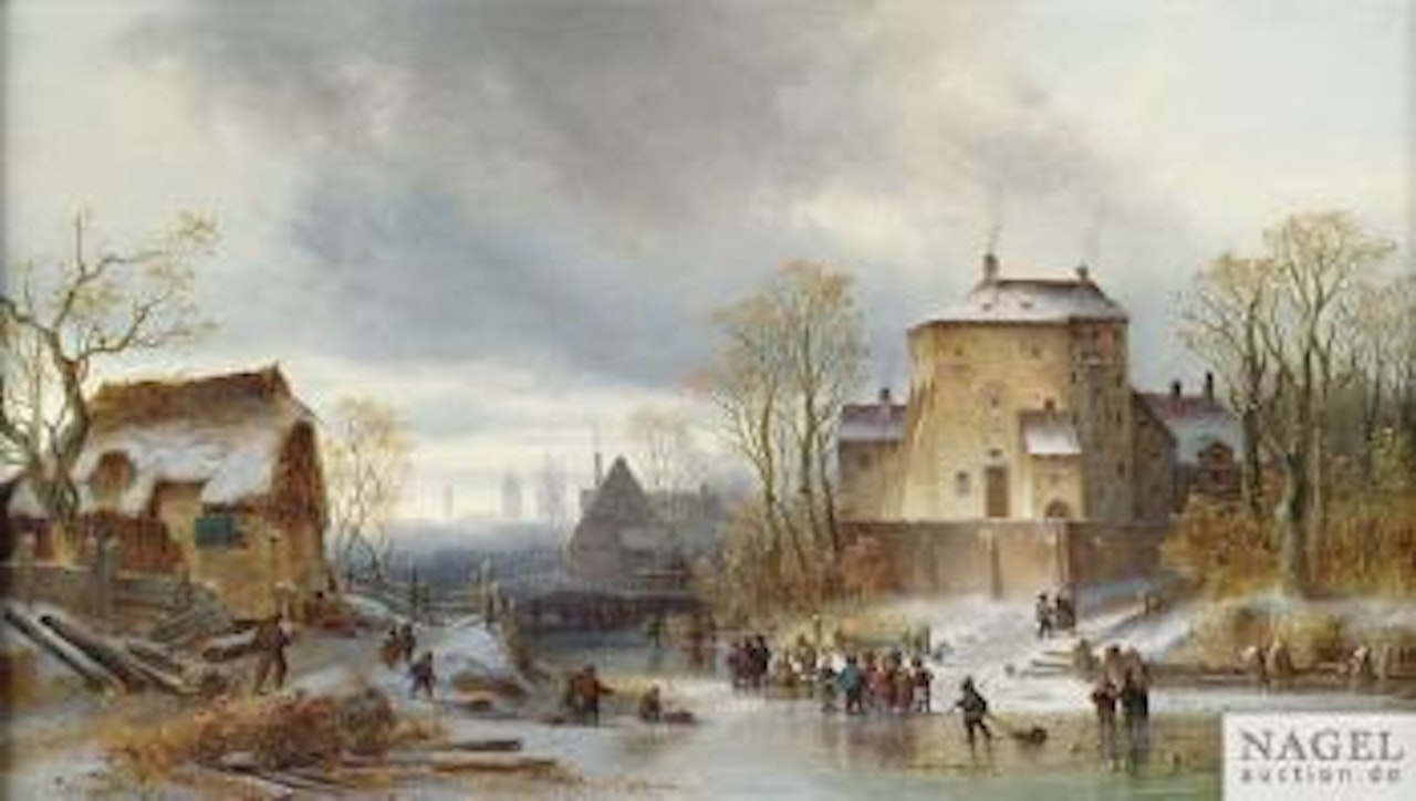 Winterliches Eisvergnügen Auf Dem Zugefrorenen Kanal Einer Stadt by Anton Doll