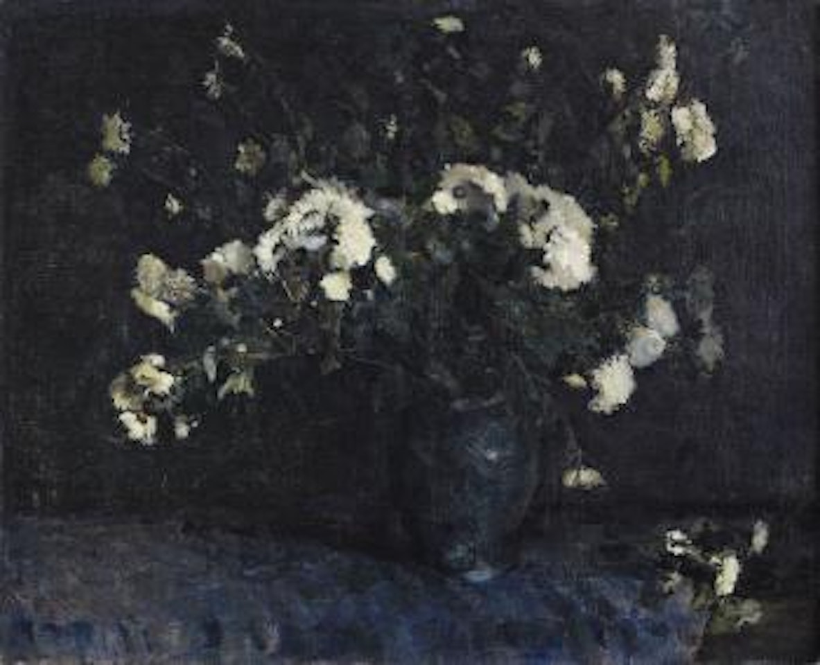 Chrysanthemen In Dunkelblauer Vase by Lesser Ury