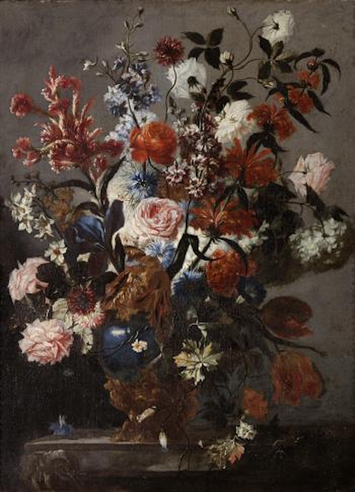A still life of roses, tulips and other flowers in a vase by Franz Werner von Tamm