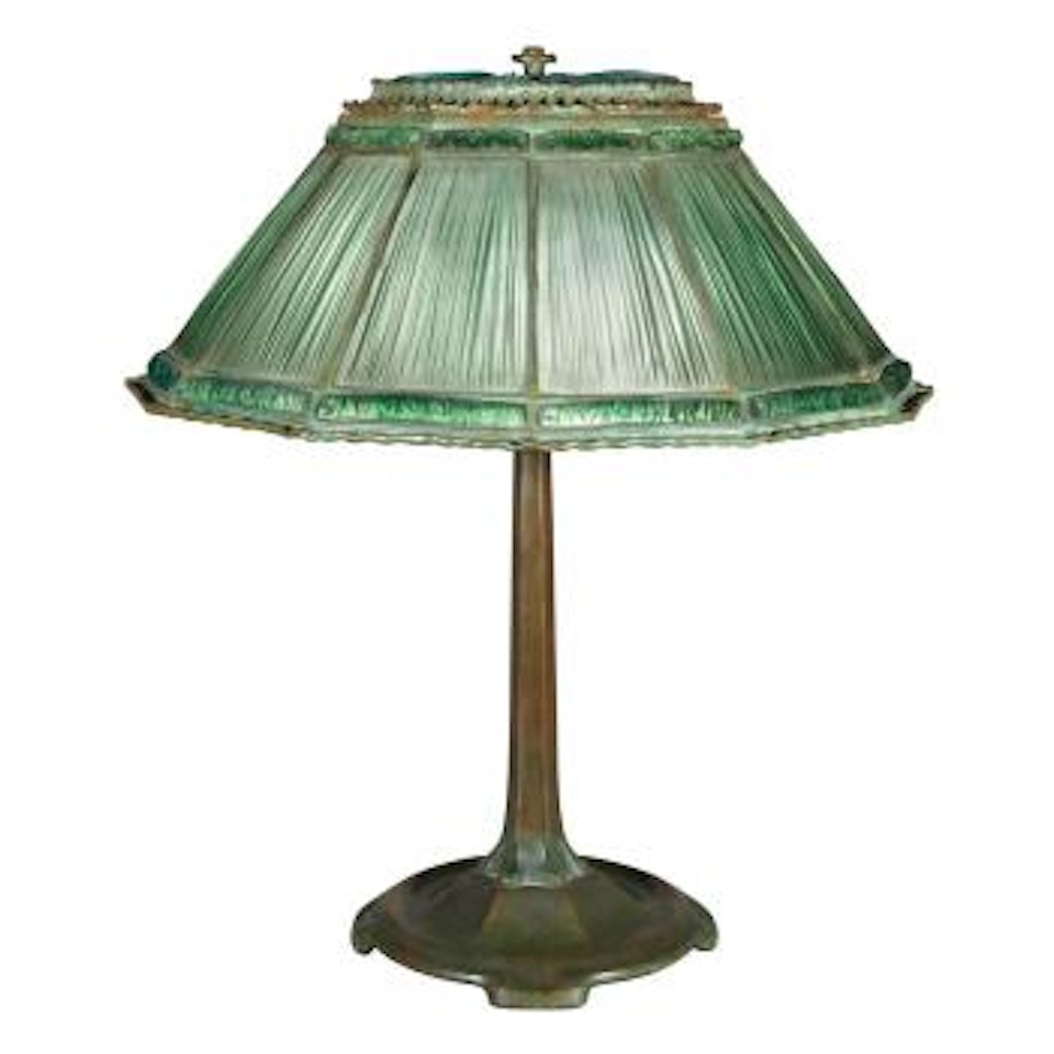 Tiffany Studios Bronze And Favrile Glass Linenfold Lamp by Tiffany Studios
