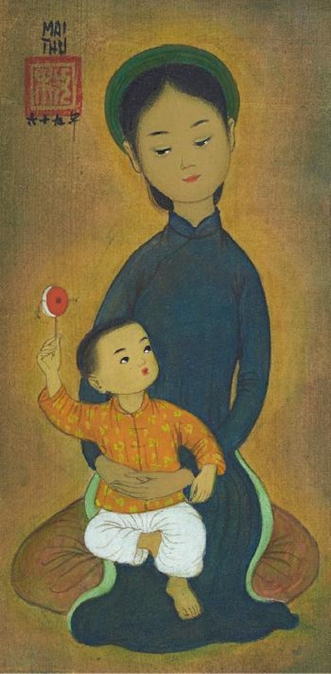 Jeune Femme Et L'enfant Tenant Un Tambourin by Mai Trung Thu