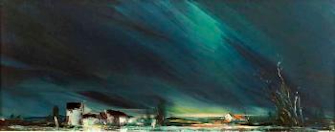 Farm buildings & dark landscape by Kenneth Webb