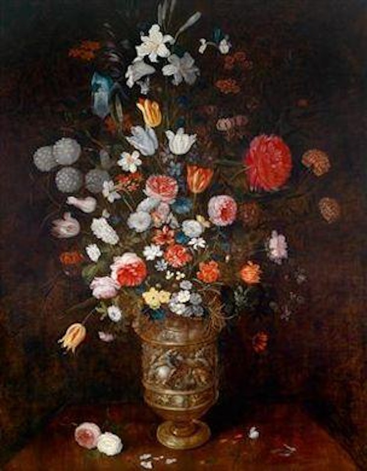 Mixed flowers in a carved and gilded vase by Jan Brueghel by Frans Francken II