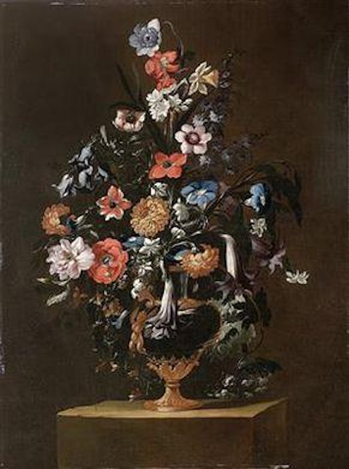 Roses, Anemones, Jasmine, Marigold and other flowers in a vase with gilded ornamentation; and Poppies, Marigold, Tulips, Larkspurs and Carnations in a vase by Giuseppe Recco
