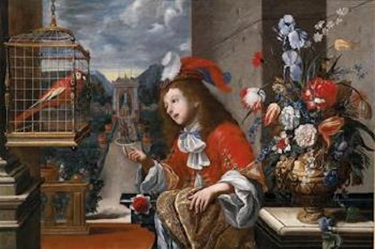 A boy in courtly attire with a parrot and a vase with flowers against a Baroque park landscape by Pier Francesco Cittadini
