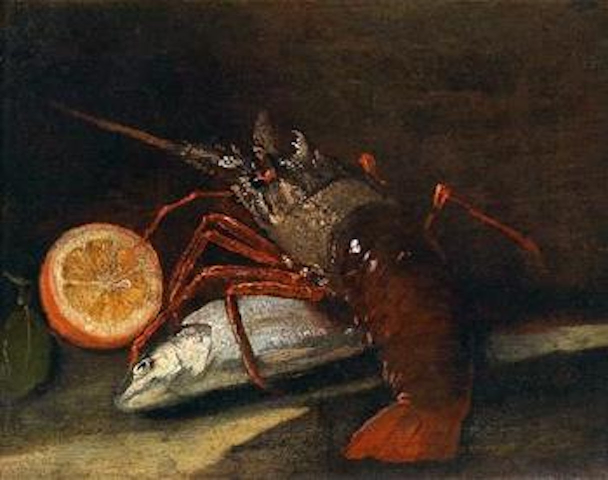 Fish, lobster and half a lemon on a slab of stone by Giuseppe Recco