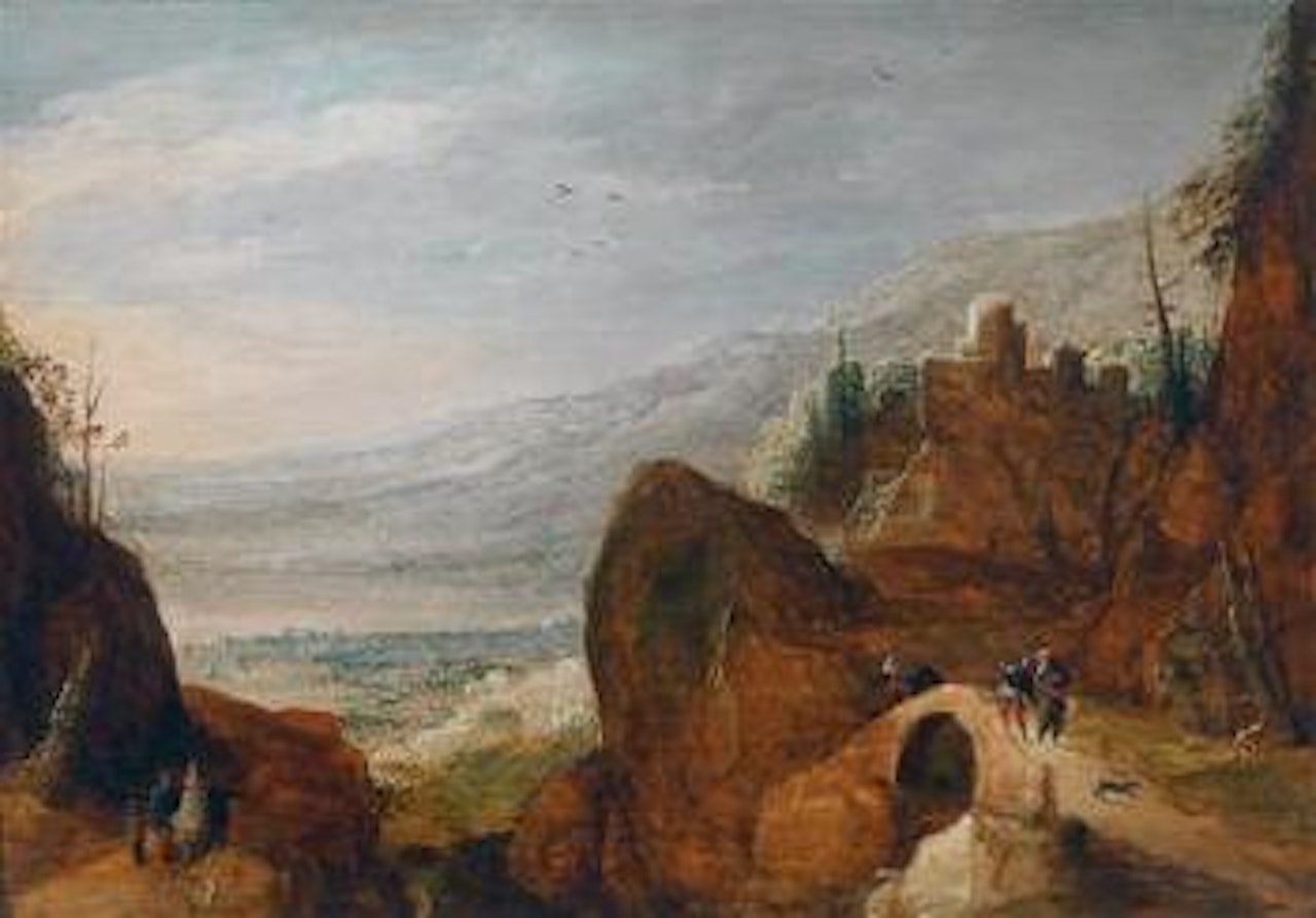A rocky landscape with travellers on a bridge by Joos de Momper the Younger