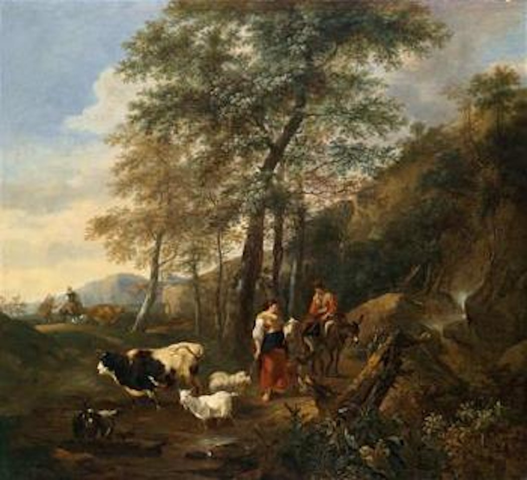 A rocky wooded landscape with peasants and their livestock by Abraham Begeyn by Nicolaes Pietersz Berchem