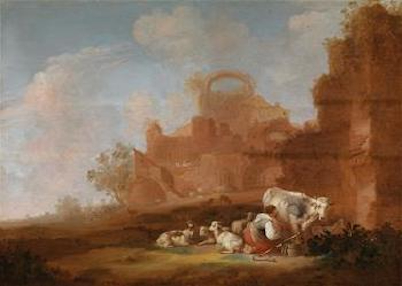 Landscape with ruins and a milking shepherdess by Nicolaes Pietersz Berchem